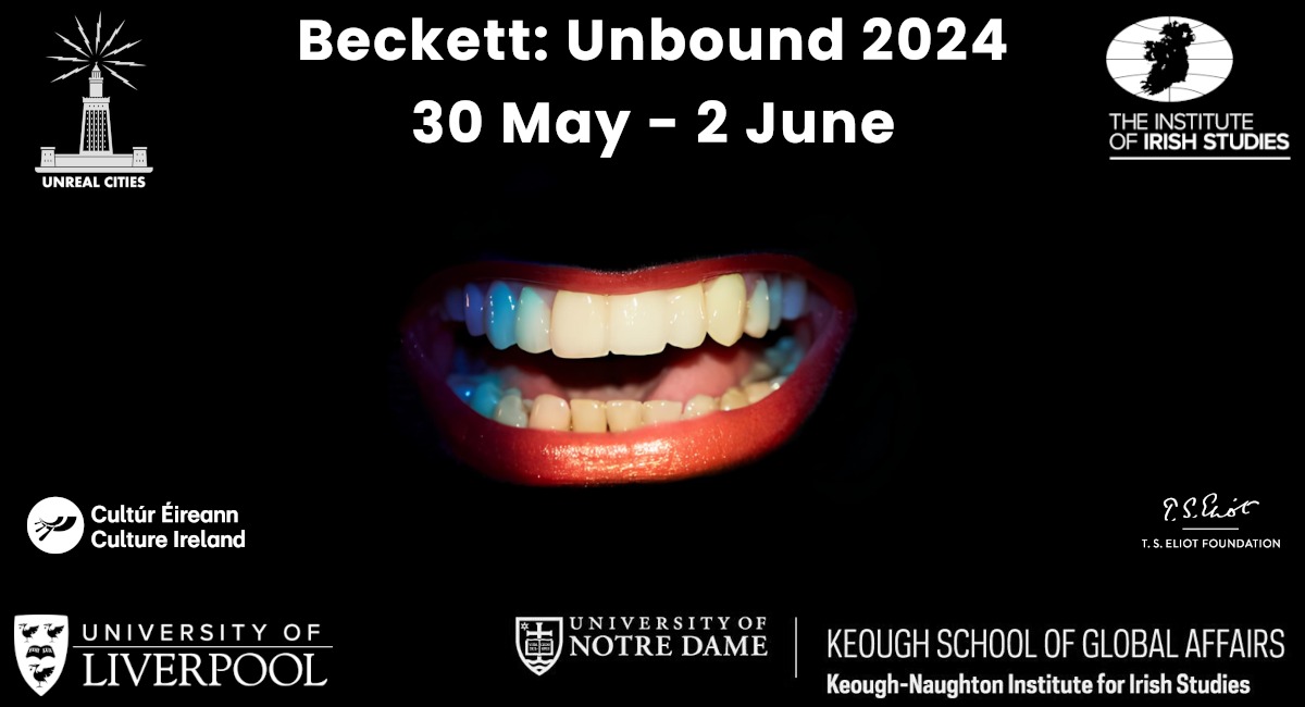Becektt: Unbound  poster with main visual of an open mouth emerging from a black background. The festival title as at the top of the image and the logos of the organsiers and sponsors are around the edge of the image.