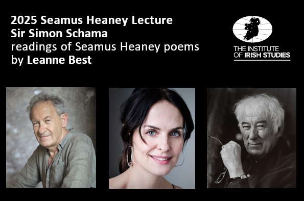 Visual for 2025 Seamus Heaney Lecture with portraits (R to L) of Sir Simon Schama, Leanne Best and Seamus Heaney